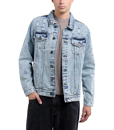 Ripped Denim Jacket for Men Baggy Style Winter Long Sleeve Top